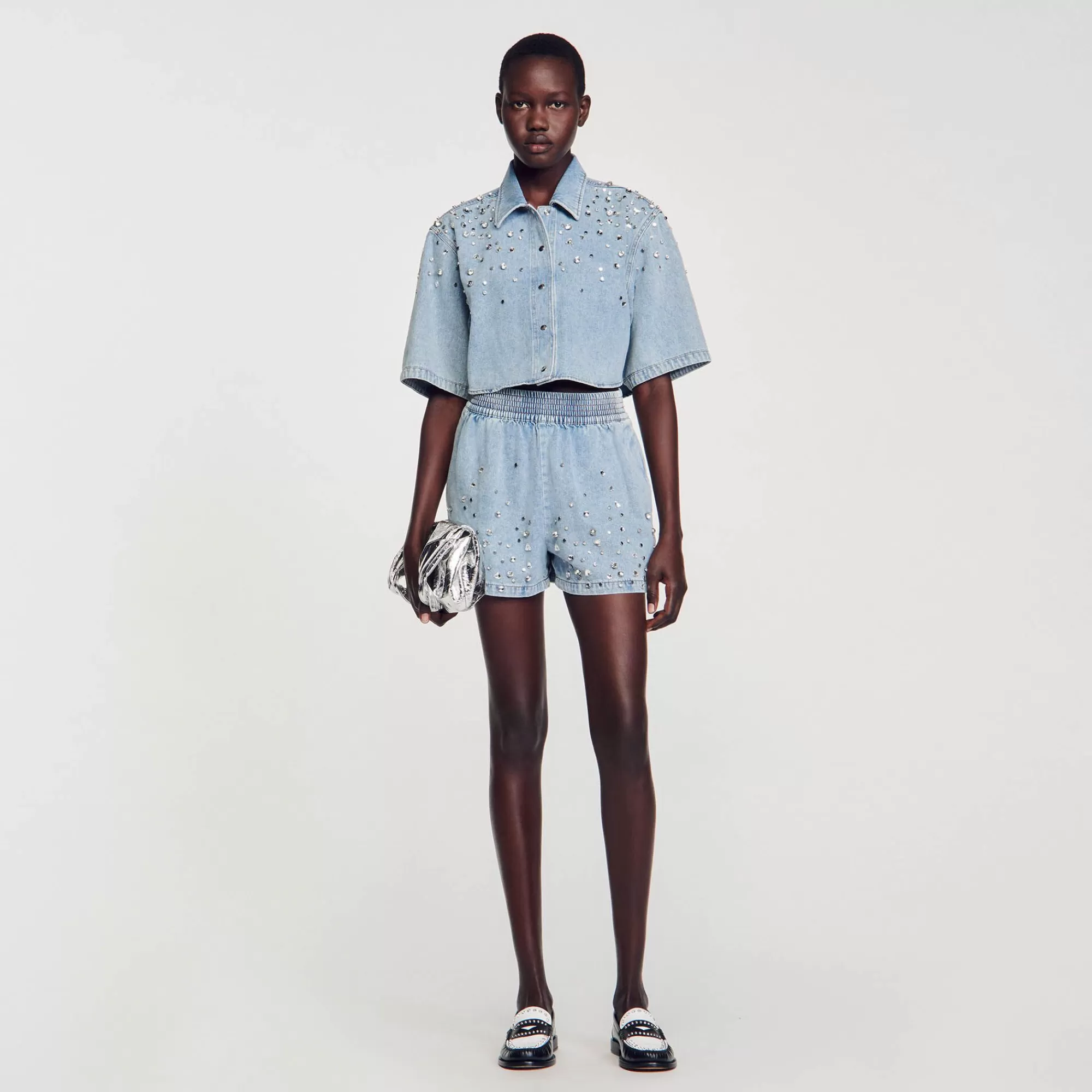 Mulheres Sandro Paris Calça Jeans Curta Larga Com Strass