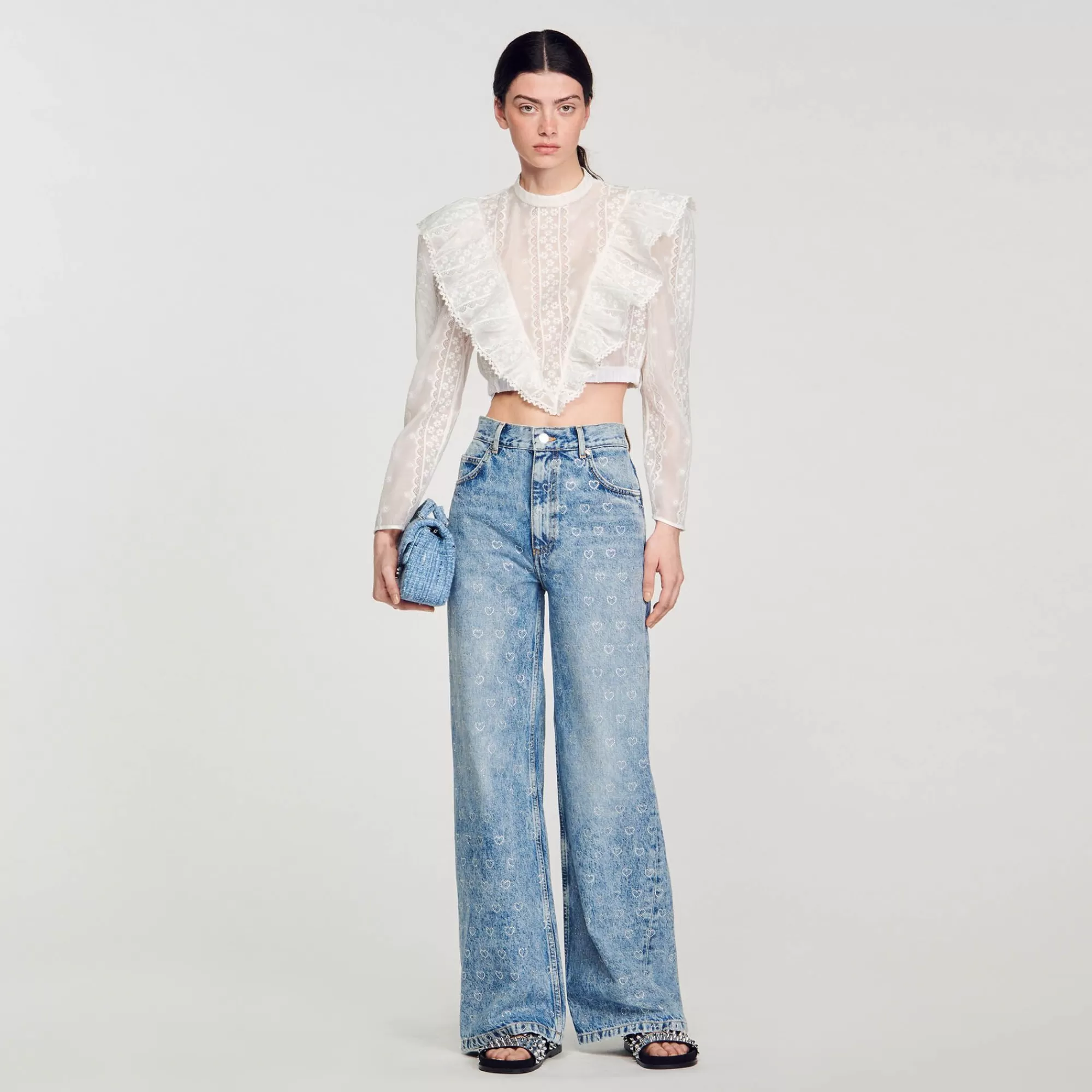 Mulheres Sandro Paris Calça Jeans Larga Com Coracoes De Strass