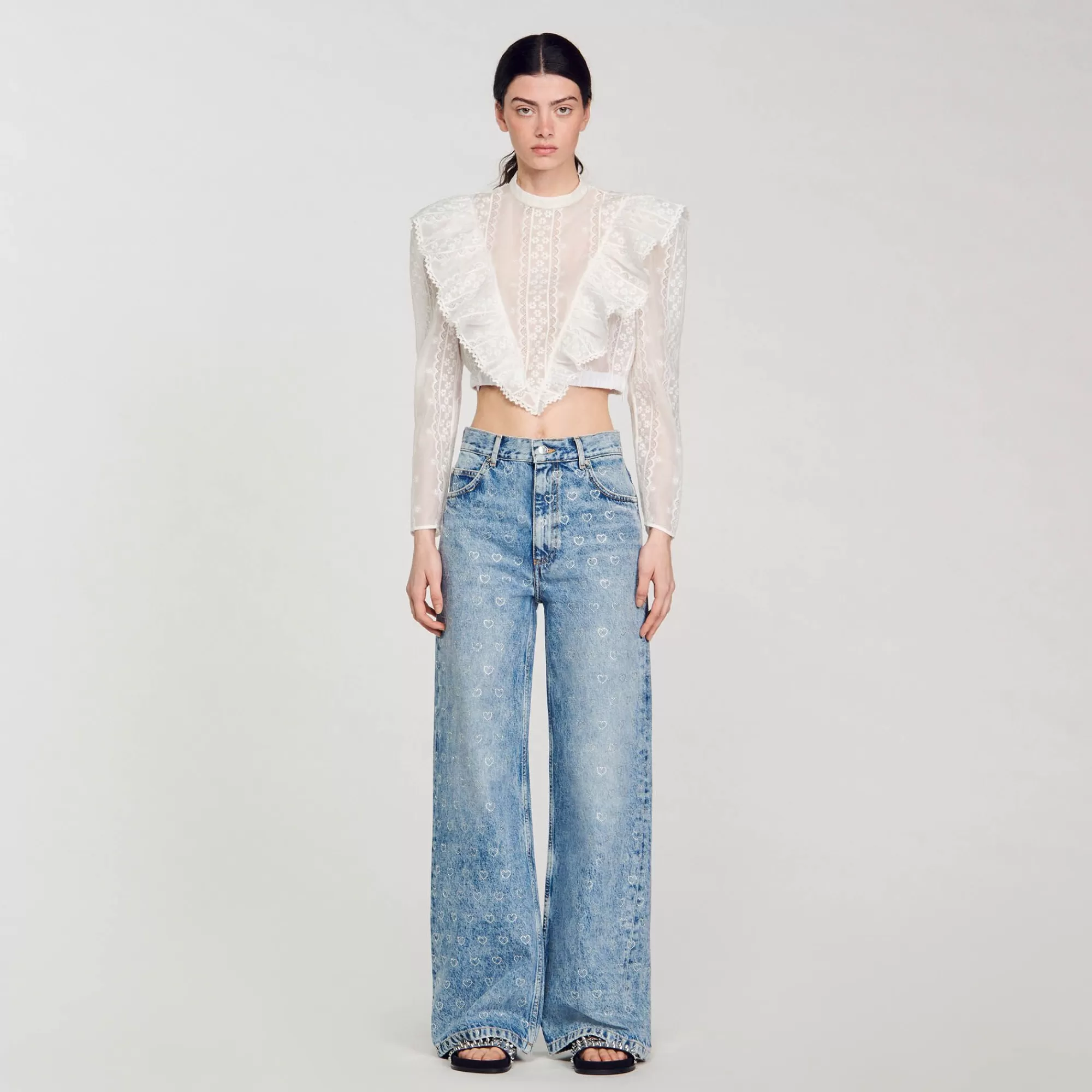 Mulheres Sandro Paris Calça Jeans Larga Com Coracoes De Strass