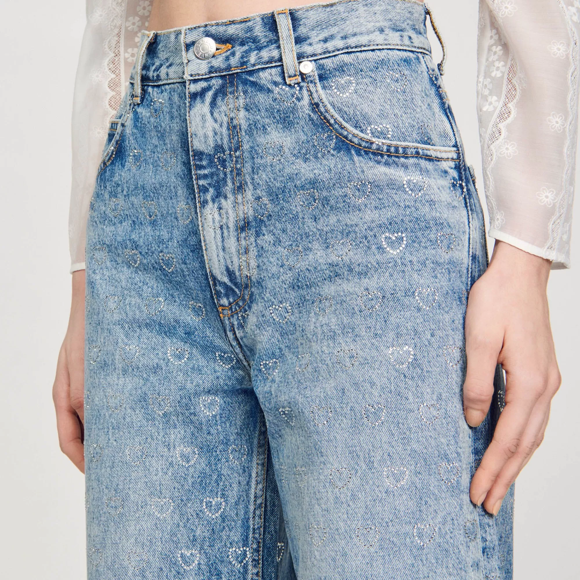 Mulheres Sandro Paris Calça Jeans Larga Com Coracoes De Strass