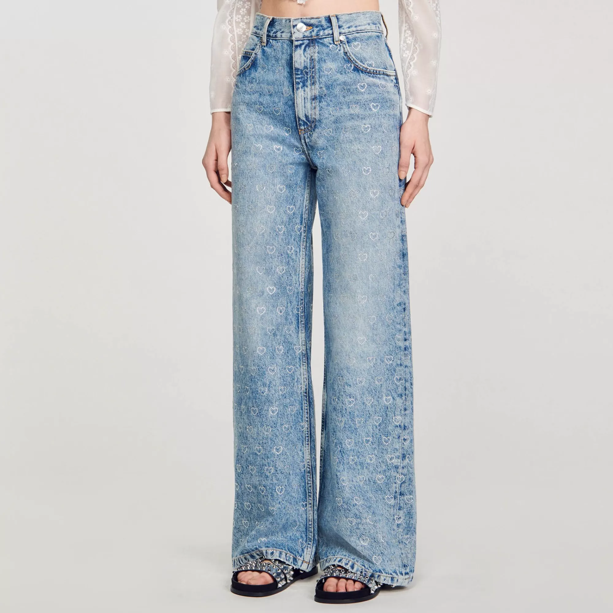 Mulheres Sandro Paris Calça Jeans Larga Com Coracoes De Strass