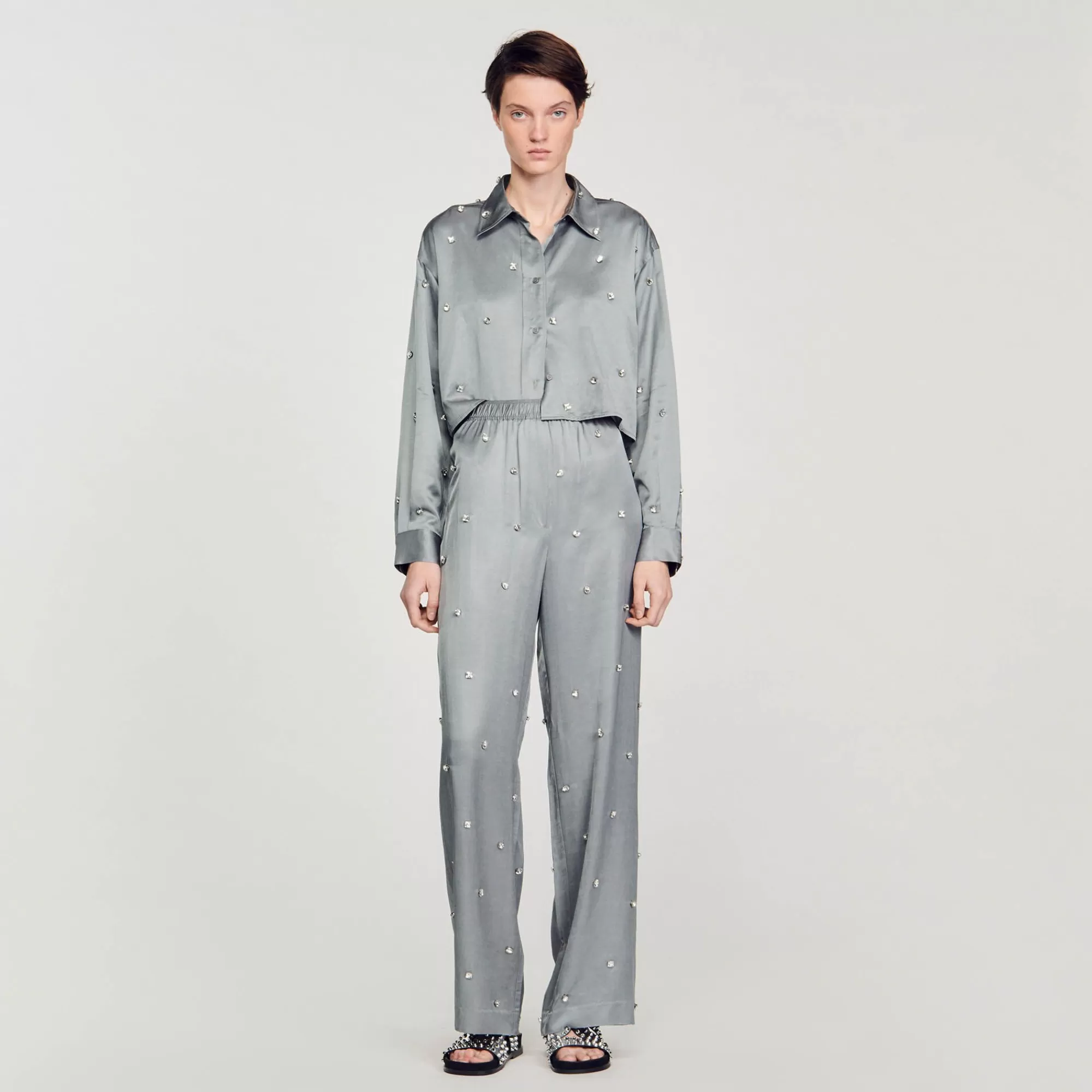 Mulheres Sandro Paris Camisa De Cetim Decorada Com Strass