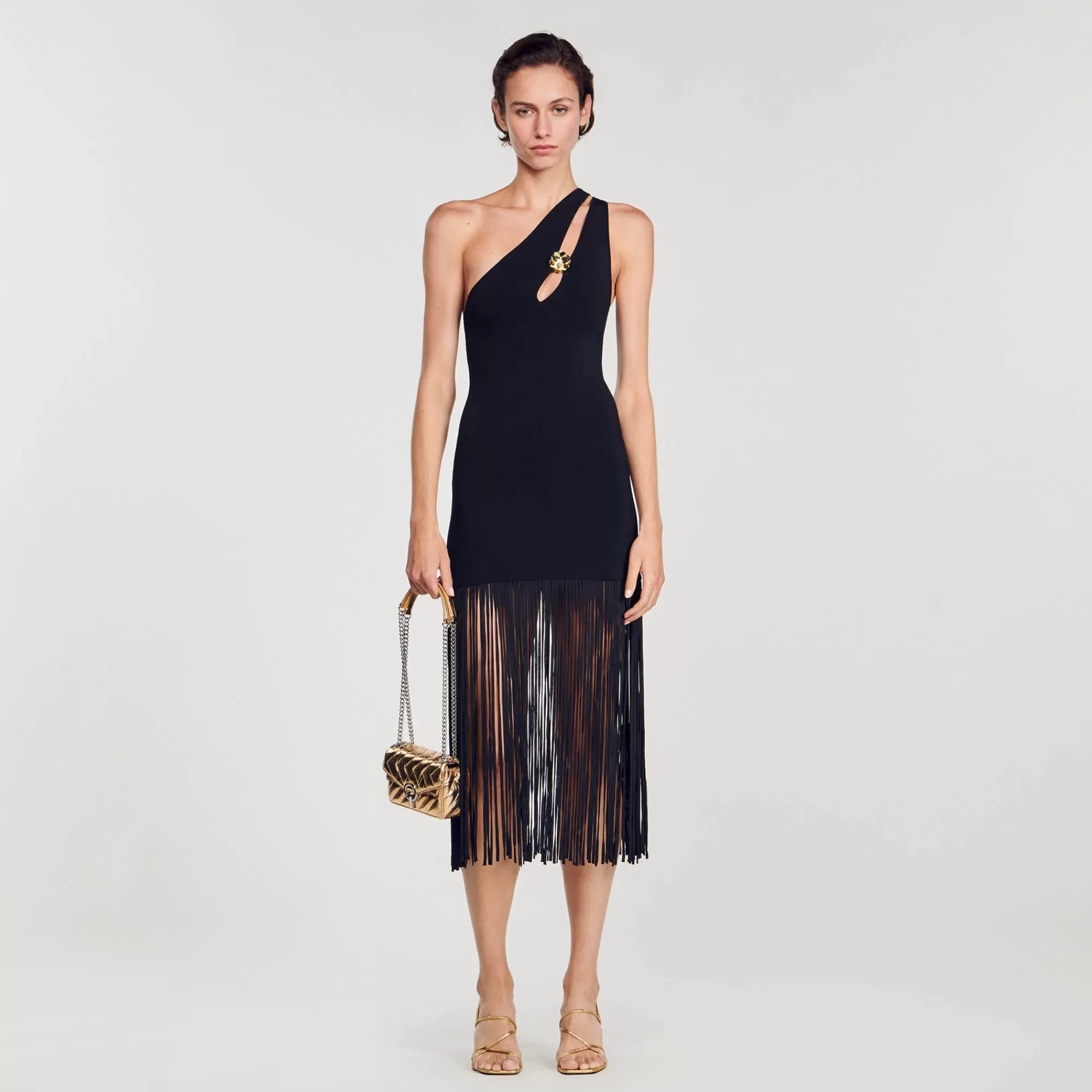 Mulheres Sandro Paris Vestido Assimetrico Com Franjas